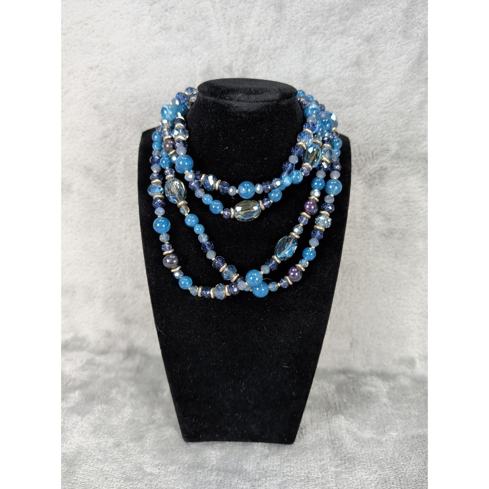 Bohemian Black Blue Beaded Station Necklace Silver Tone
